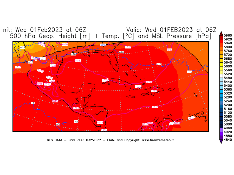 Mappa di analisi GFS - Geopotenziale [m] + Temp. [°C] a 500 hPa + Press. a livello del mare [hPa] in Centro-America
							del 01/02/2023 06 <!--googleoff: index-->UTC<!--googleon: index-->