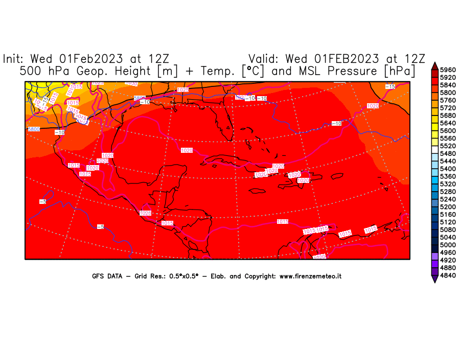 Mappa di analisi GFS - Geopotenziale [m] + Temp. [°C] a 500 hPa + Press. a livello del mare [hPa] in Centro-America
							del 01/02/2023 12 <!--googleoff: index-->UTC<!--googleon: index-->