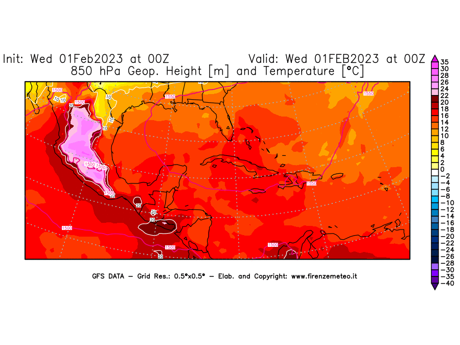 Mappa di analisi GFS - Geopotenziale [m] e Temperatura [°C] a 850 hPa in Centro-America
							del 01/02/2023 00 <!--googleoff: index-->UTC<!--googleon: index-->