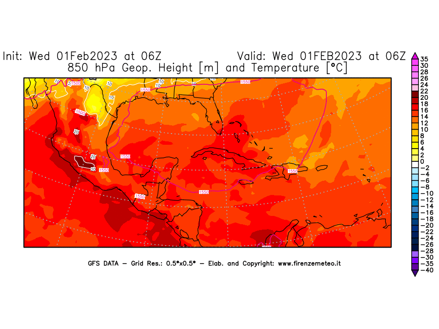 Mappa di analisi GFS - Geopotenziale [m] e Temperatura [°C] a 850 hPa in Centro-America
							del 01/02/2023 06 <!--googleoff: index-->UTC<!--googleon: index-->