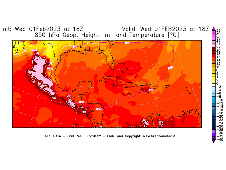 Mappa di analisi GFS - Geopotenziale [m] e Temperatura [°C] a 850 hPa in Centro-America
							del 01/02/2023 18 <!--googleoff: index-->UTC<!--googleon: index-->