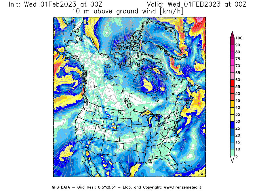 Mappa di analisi GFS - Velocità del vento a 10 metri dal suolo [km/h] in Nord-America
							del 01/02/2023 00 <!--googleoff: index-->UTC<!--googleon: index-->