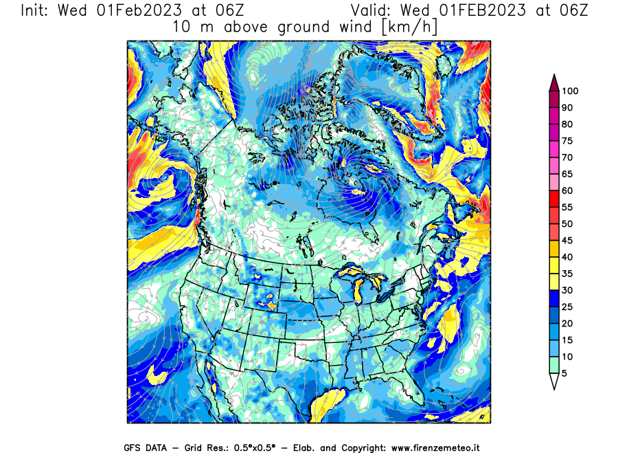Mappa di analisi GFS - Velocità del vento a 10 metri dal suolo [km/h] in Nord-America
							del 01/02/2023 06 <!--googleoff: index-->UTC<!--googleon: index-->
