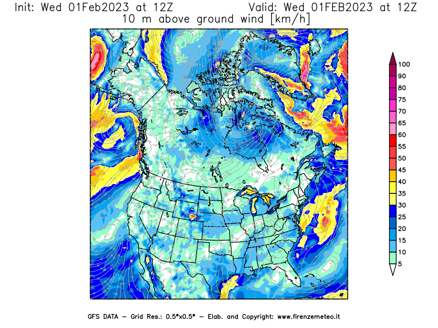 Mappa di analisi GFS - Velocità del vento a 10 metri dal suolo [km/h] in Nord-America
							del 01/02/2023 12 <!--googleoff: index-->UTC<!--googleon: index-->
