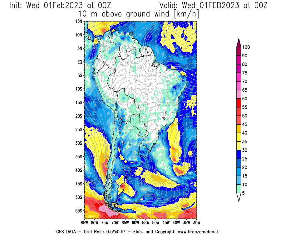 Mappa di analisi GFS - Velocità del vento a 10 metri dal suolo [km/h] in Sud-America
							del 01/02/2023 00 <!--googleoff: index-->UTC<!--googleon: index-->