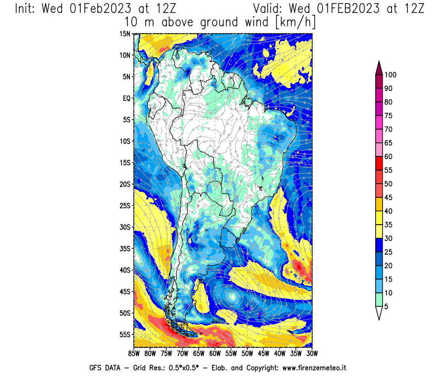 Mappa di analisi GFS - Velocità del vento a 10 metri dal suolo [km/h] in Sud-America
							del 01/02/2023 12 <!--googleoff: index-->UTC<!--googleon: index-->