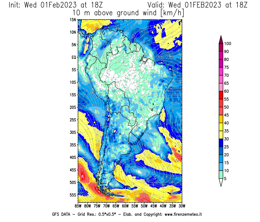 Mappa di analisi GFS - Velocità del vento a 10 metri dal suolo [km/h] in Sud-America
							del 01/02/2023 18 <!--googleoff: index-->UTC<!--googleon: index-->