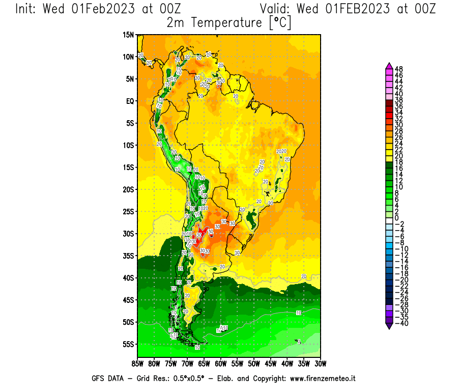 Mappa di analisi GFS - Temperatura a 2 metri dal suolo [°C] in Sud-America
							del 01/02/2023 00 <!--googleoff: index-->UTC<!--googleon: index-->