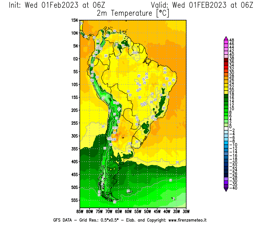 Mappa di analisi GFS - Temperatura a 2 metri dal suolo [°C] in Sud-America
							del 01/02/2023 06 <!--googleoff: index-->UTC<!--googleon: index-->