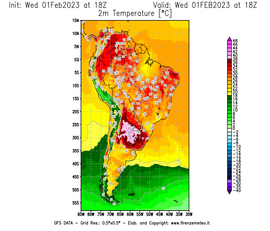 Mappa di analisi GFS - Temperatura a 2 metri dal suolo [°C] in Sud-America
							del 01/02/2023 18 <!--googleoff: index-->UTC<!--googleon: index-->