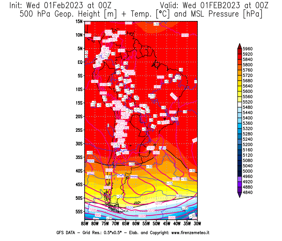 Mappa di analisi GFS - Geopotenziale [m] + Temp. [°C] a 500 hPa + Press. a livello del mare [hPa] in Sud-America
							del 01/02/2023 00 <!--googleoff: index-->UTC<!--googleon: index-->