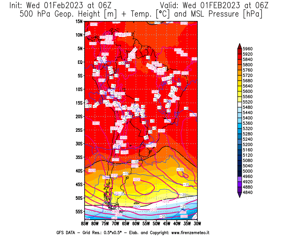 Mappa di analisi GFS - Geopotenziale [m] + Temp. [°C] a 500 hPa + Press. a livello del mare [hPa] in Sud-America
							del 01/02/2023 06 <!--googleoff: index-->UTC<!--googleon: index-->