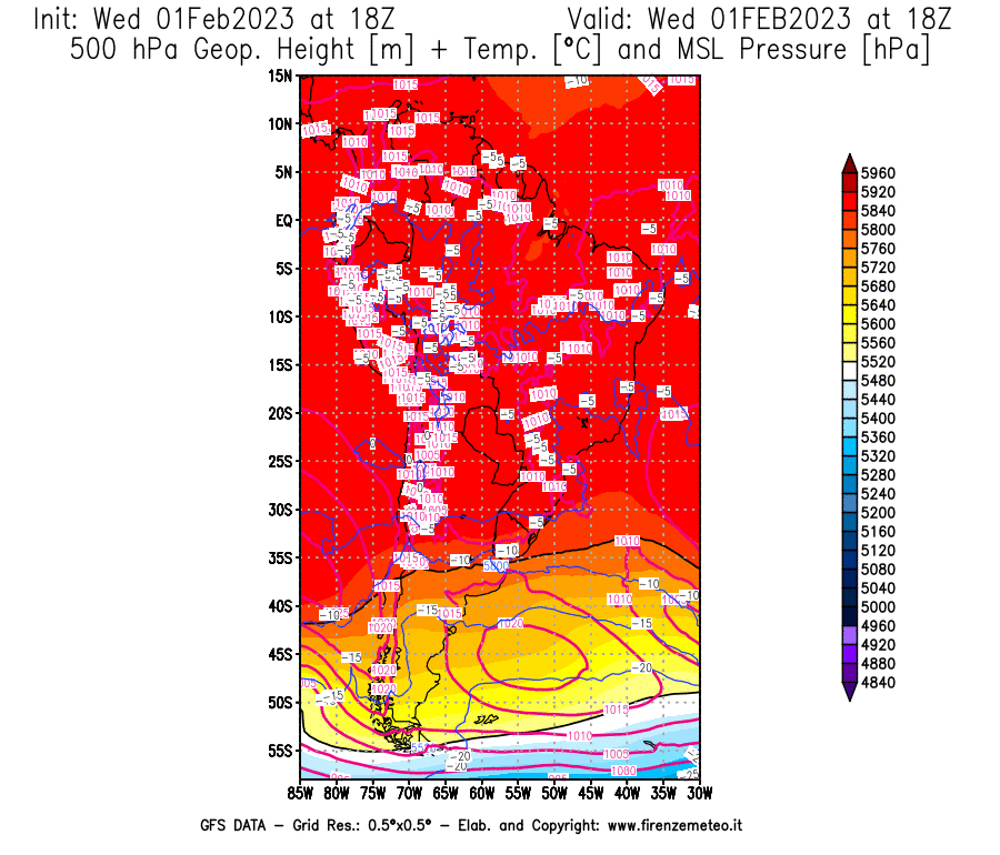 Mappa di analisi GFS - Geopotenziale [m] + Temp. [°C] a 500 hPa + Press. a livello del mare [hPa] in Sud-America
							del 01/02/2023 18 <!--googleoff: index-->UTC<!--googleon: index-->