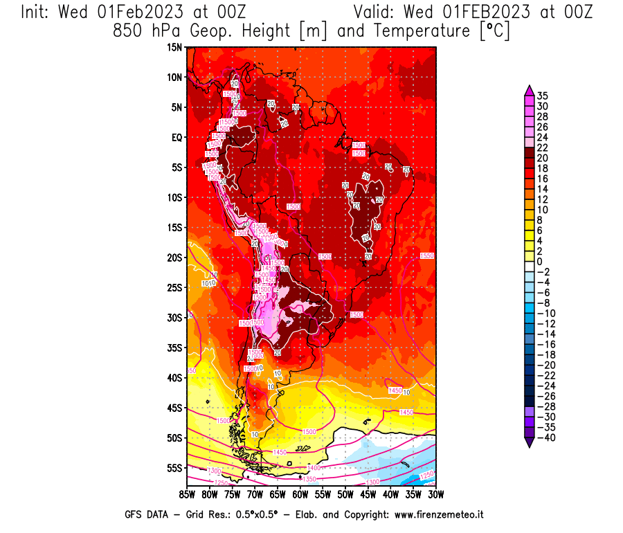 Mappa di analisi GFS - Geopotenziale [m] e Temperatura [°C] a 850 hPa in Sud-America
							del 01/02/2023 00 <!--googleoff: index-->UTC<!--googleon: index-->