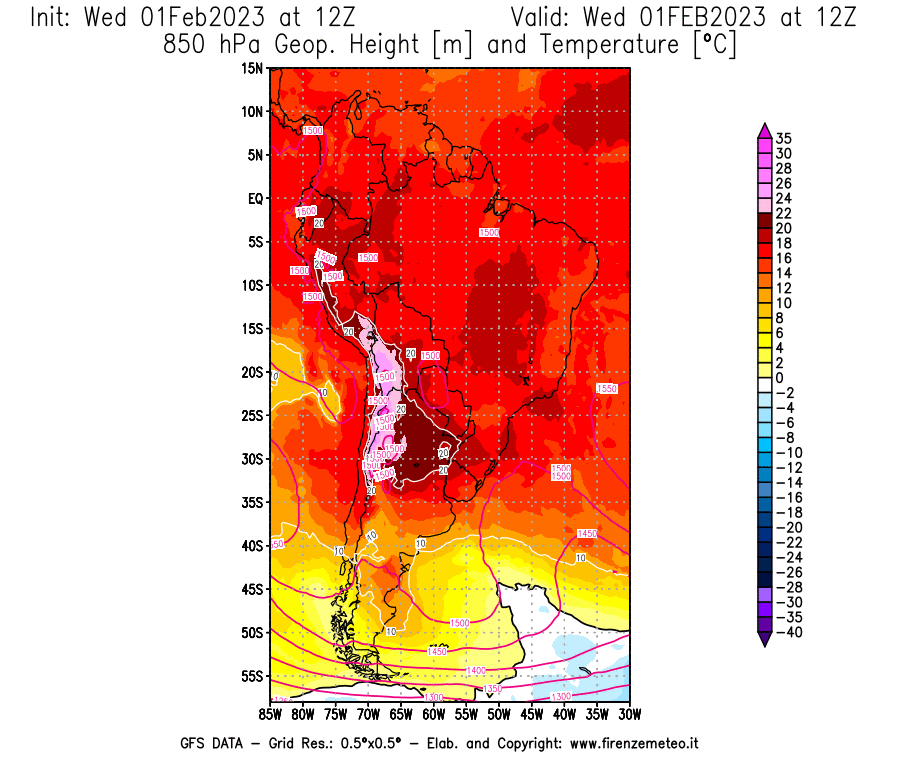 Mappa di analisi GFS - Geopotenziale [m] e Temperatura [°C] a 850 hPa in Sud-America
							del 01/02/2023 12 <!--googleoff: index-->UTC<!--googleon: index-->