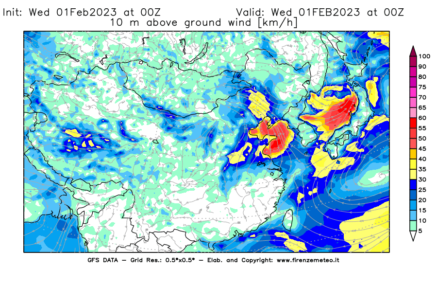 Mappa di analisi GFS - Velocità del vento a 10 metri dal suolo [km/h] in Asia Orientale
							del 01/02/2023 00 <!--googleoff: index-->UTC<!--googleon: index-->