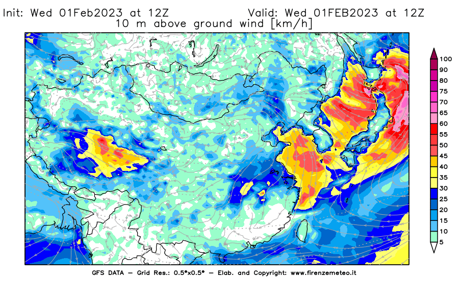 Mappa di analisi GFS - Velocità del vento a 10 metri dal suolo [km/h] in Asia Orientale
							del 01/02/2023 12 <!--googleoff: index-->UTC<!--googleon: index-->