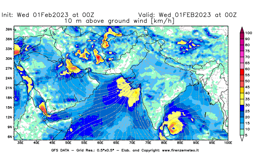 Mappa di analisi GFS - Velocità del vento a 10 metri dal suolo [km/h] in Asia Sud-Occidentale
							del 01/02/2023 00 <!--googleoff: index-->UTC<!--googleon: index-->