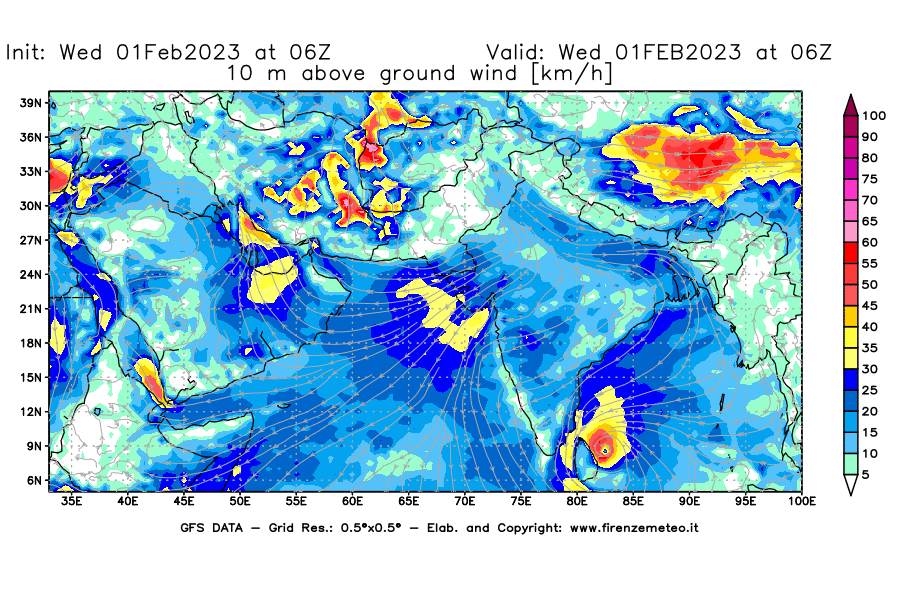 Mappa di analisi GFS - Velocità del vento a 10 metri dal suolo [km/h] in Asia Sud-Occidentale
							del 01/02/2023 06 <!--googleoff: index-->UTC<!--googleon: index-->