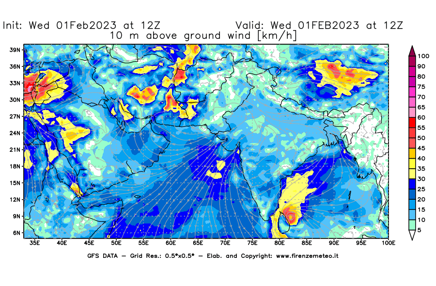 Mappa di analisi GFS - Velocità del vento a 10 metri dal suolo [km/h] in Asia Sud-Occidentale
							del 01/02/2023 12 <!--googleoff: index-->UTC<!--googleon: index-->