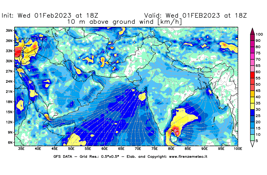 Mappa di analisi GFS - Velocità del vento a 10 metri dal suolo [km/h] in Asia Sud-Occidentale
							del 01/02/2023 18 <!--googleoff: index-->UTC<!--googleon: index-->