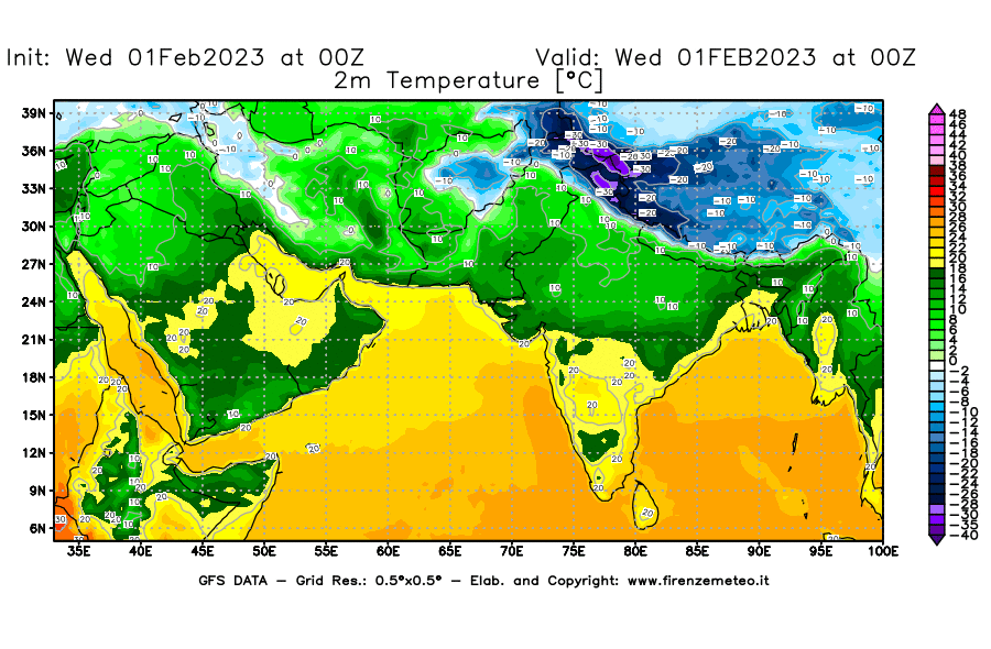 Mappa di analisi GFS - Temperatura a 2 metri dal suolo [°C] in Asia Sud-Occidentale
							del 01/02/2023 00 <!--googleoff: index-->UTC<!--googleon: index-->