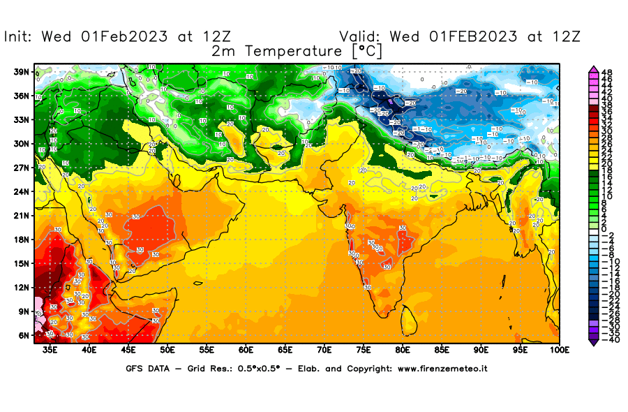 Mappa di analisi GFS - Temperatura a 2 metri dal suolo [°C] in Asia Sud-Occidentale
							del 01/02/2023 12 <!--googleoff: index-->UTC<!--googleon: index-->