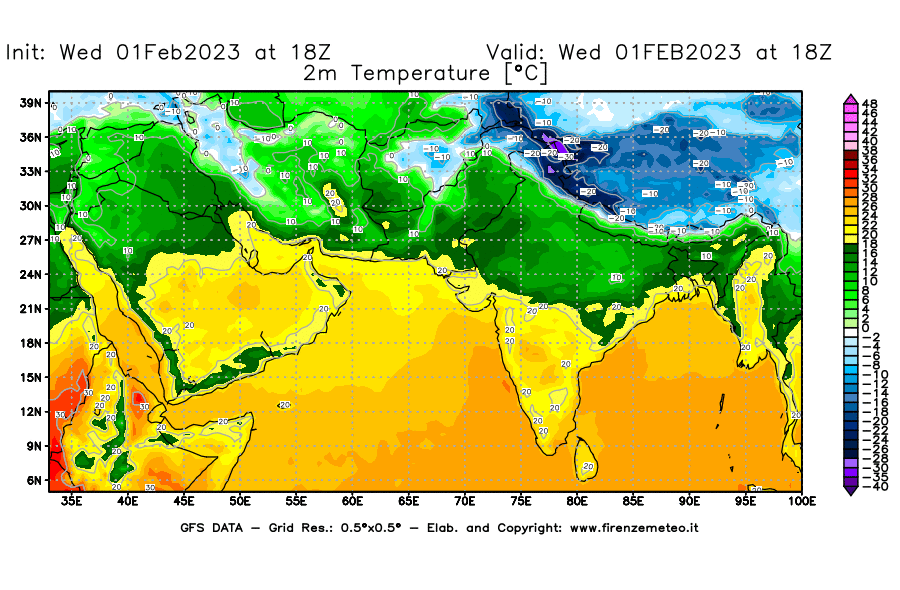 Mappa di analisi GFS - Temperatura a 2 metri dal suolo [°C] in Asia Sud-Occidentale
							del 01/02/2023 18 <!--googleoff: index-->UTC<!--googleon: index-->