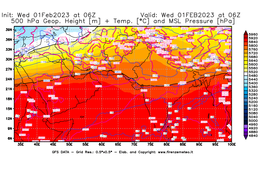 Mappa di analisi GFS - Geopotenziale [m] + Temp. [°C] a 500 hPa + Press. a livello del mare [hPa] in Asia Sud-Occidentale
							del 01/02/2023 06 <!--googleoff: index-->UTC<!--googleon: index-->
