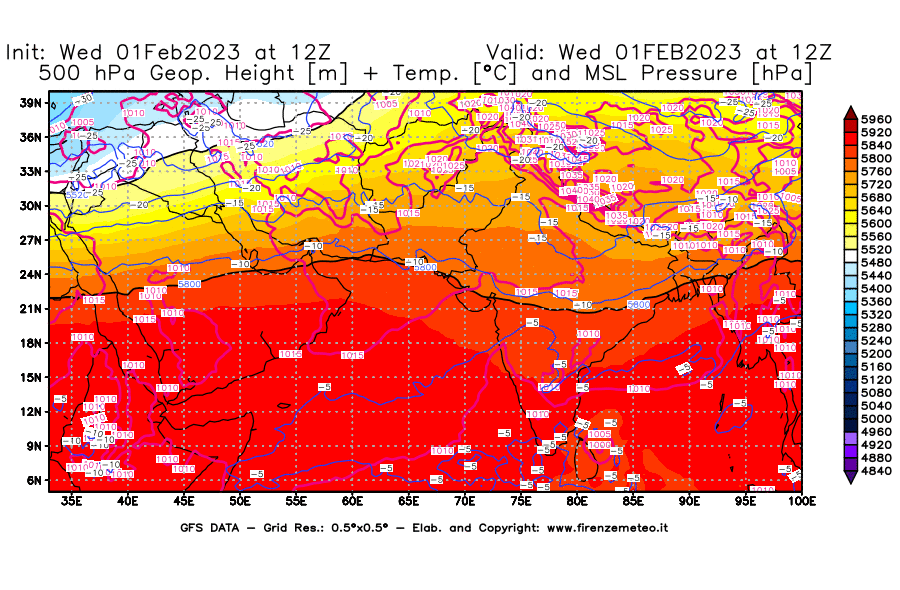 Mappa di analisi GFS - Geopotenziale [m] + Temp. [°C] a 500 hPa + Press. a livello del mare [hPa] in Asia Sud-Occidentale
							del 01/02/2023 12 <!--googleoff: index-->UTC<!--googleon: index-->
