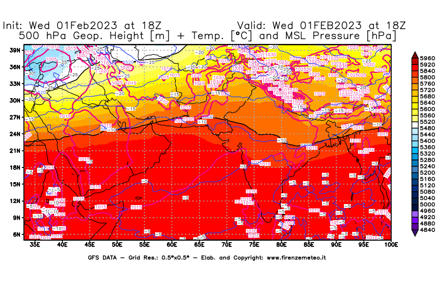 Mappa di analisi GFS - Geopotenziale [m] + Temp. [°C] a 500 hPa + Press. a livello del mare [hPa] in Asia Sud-Occidentale
							del 01/02/2023 18 <!--googleoff: index-->UTC<!--googleon: index-->