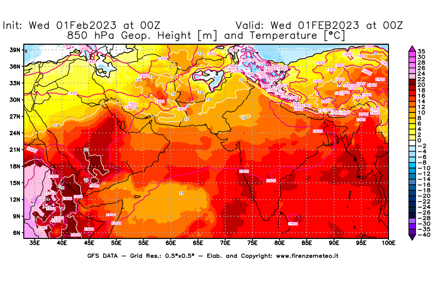 Mappa di analisi GFS - Geopotenziale [m] e Temperatura [°C] a 850 hPa in Asia Sud-Occidentale
							del 01/02/2023 00 <!--googleoff: index-->UTC<!--googleon: index-->