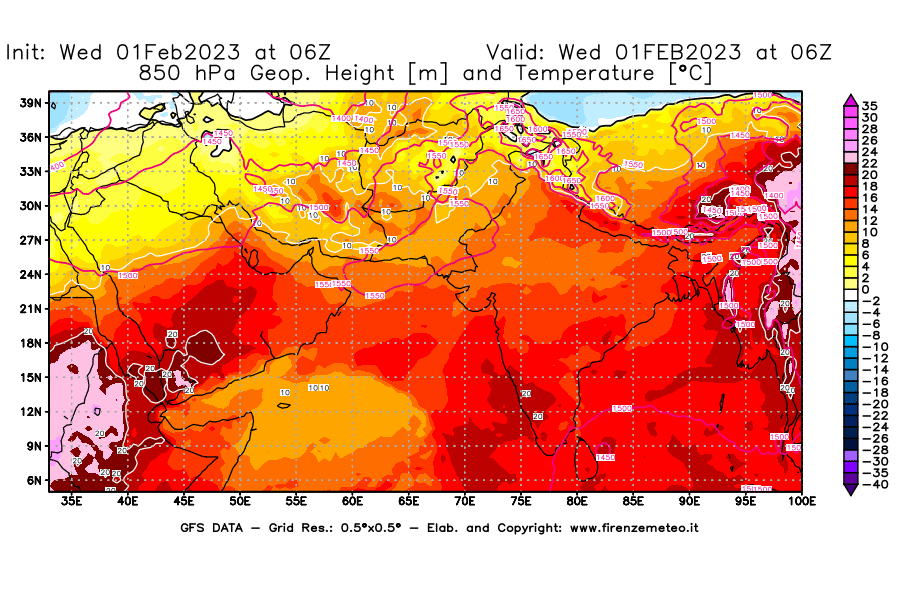 Mappa di analisi GFS - Geopotenziale [m] e Temperatura [°C] a 850 hPa in Asia Sud-Occidentale
							del 01/02/2023 06 <!--googleoff: index-->UTC<!--googleon: index-->