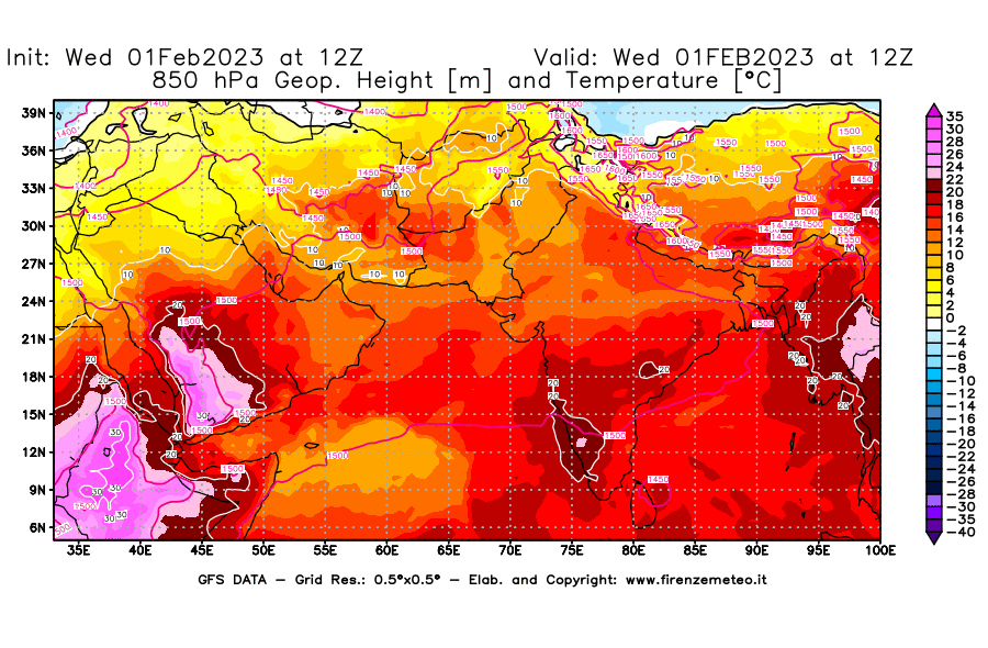 Mappa di analisi GFS - Geopotenziale [m] e Temperatura [°C] a 850 hPa in Asia Sud-Occidentale
							del 01/02/2023 12 <!--googleoff: index-->UTC<!--googleon: index-->