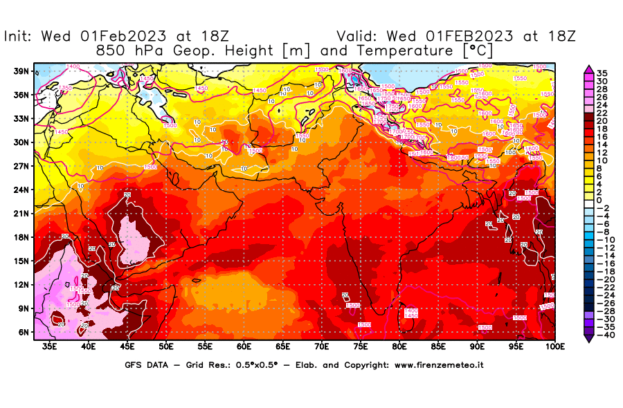 Mappa di analisi GFS - Geopotenziale [m] e Temperatura [°C] a 850 hPa in Asia Sud-Occidentale
							del 01/02/2023 18 <!--googleoff: index-->UTC<!--googleon: index-->