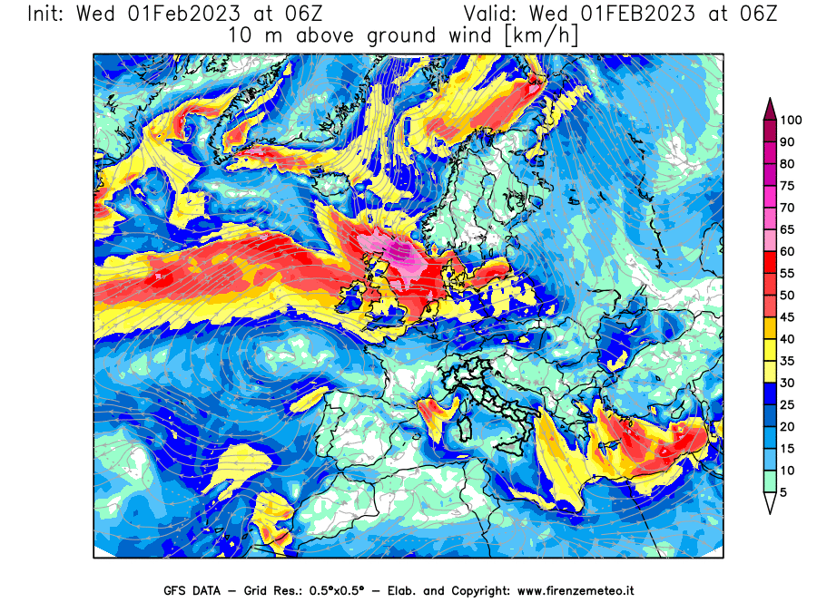 Mappa di analisi GFS - Velocità del vento a 10 metri dal suolo [km/h] in Europa
							del 01/02/2023 06 <!--googleoff: index-->UTC<!--googleon: index-->