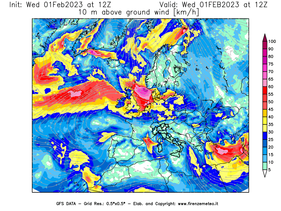 Mappa di analisi GFS - Velocità del vento a 10 metri dal suolo [km/h] in Europa
							del 01/02/2023 12 <!--googleoff: index-->UTC<!--googleon: index-->