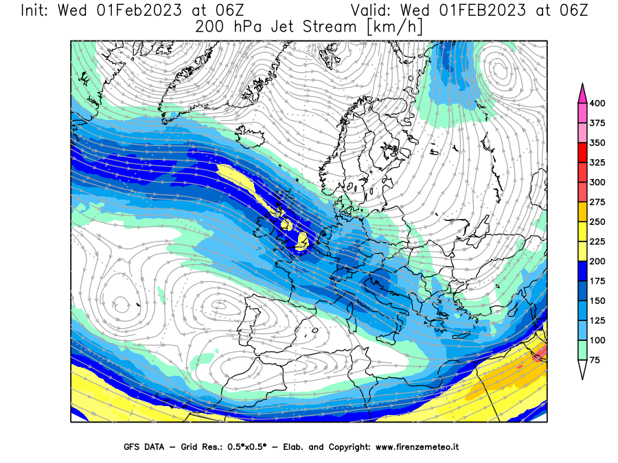 Mappa di analisi GFS - Jet Stream a 200 hPa in Europa
							del 01/02/2023 06 <!--googleoff: index-->UTC<!--googleon: index-->