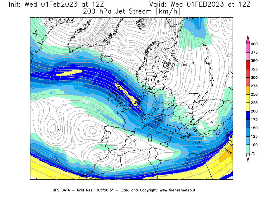 Mappa di analisi GFS - Jet Stream a 200 hPa in Europa
							del 01/02/2023 12 <!--googleoff: index-->UTC<!--googleon: index-->