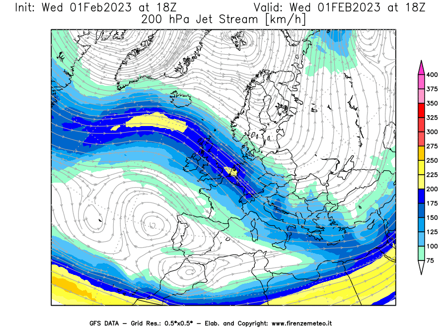 Mappa di analisi GFS - Jet Stream a 200 hPa in Europa
							del 01/02/2023 18 <!--googleoff: index-->UTC<!--googleon: index-->