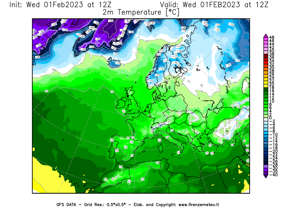 Mappa di analisi GFS - Temperatura a 2 metri dal suolo [°C] in Europa
							del 01/02/2023 12 <!--googleoff: index-->UTC<!--googleon: index-->