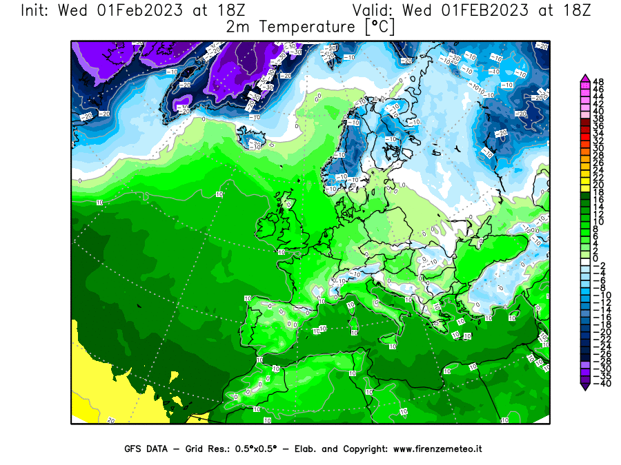 Mappa di analisi GFS - Temperatura a 2 metri dal suolo [°C] in Europa
							del 01/02/2023 18 <!--googleoff: index-->UTC<!--googleon: index-->