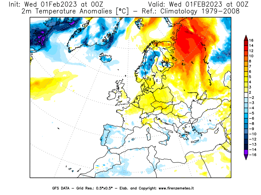 Mappa di analisi GFS - Anomalia Temperatura [°C] a 2 m in Europa
							del 01/02/2023 00 <!--googleoff: index-->UTC<!--googleon: index-->
