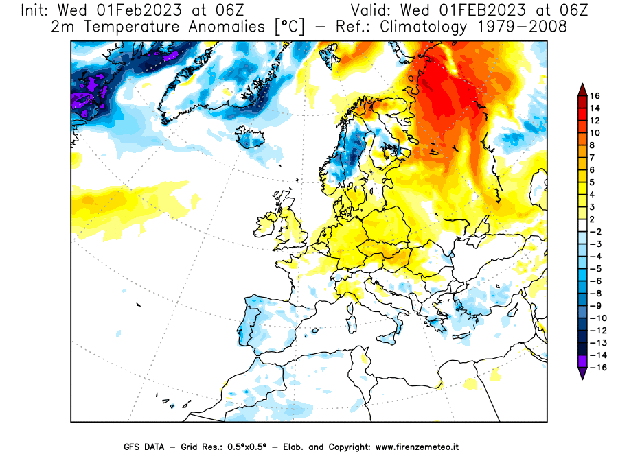 Mappa di analisi GFS - Anomalia Temperatura [°C] a 2 m in Europa
							del 01/02/2023 06 <!--googleoff: index-->UTC<!--googleon: index-->