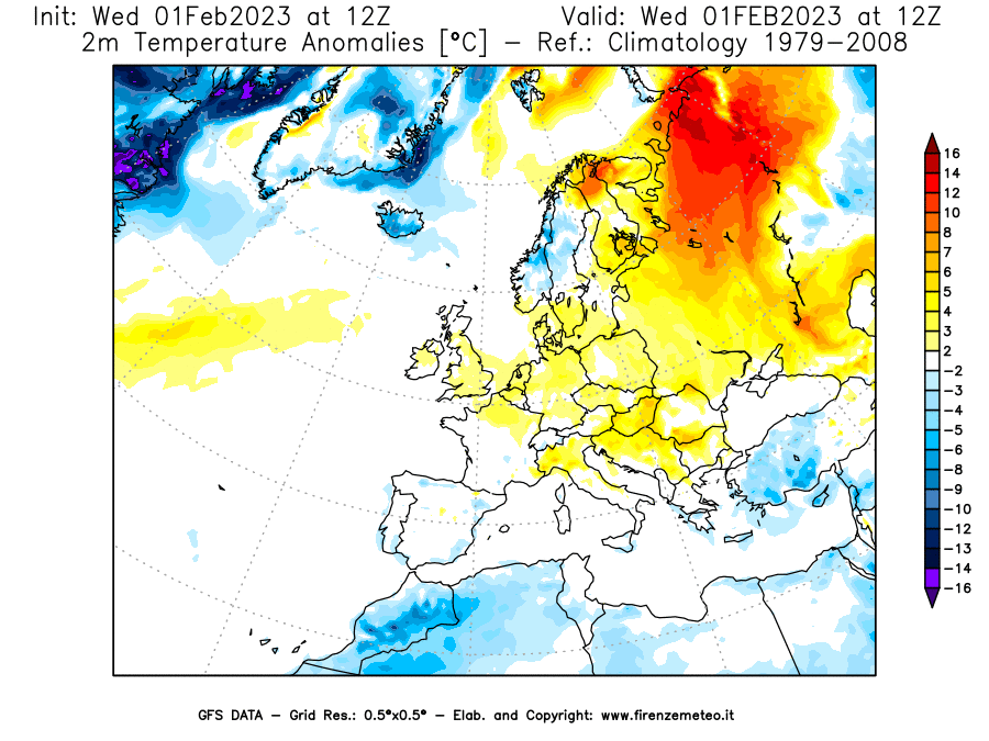 Mappa di analisi GFS - Anomalia Temperatura [°C] a 2 m in Europa
							del 01/02/2023 12 <!--googleoff: index-->UTC<!--googleon: index-->