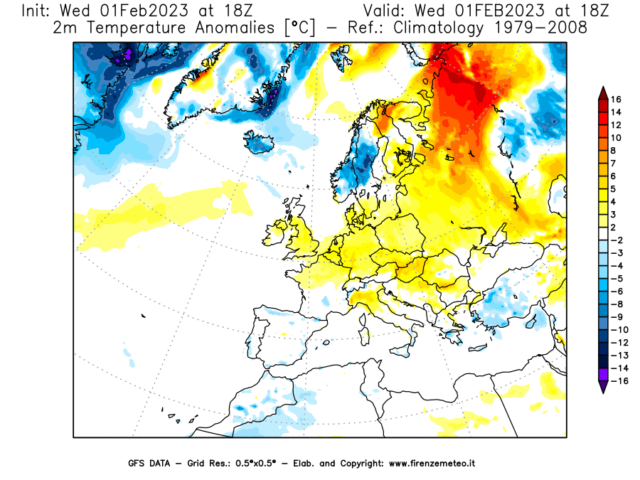 Mappa di analisi GFS - Anomalia Temperatura [°C] a 2 m in Europa
							del 01/02/2023 18 <!--googleoff: index-->UTC<!--googleon: index-->