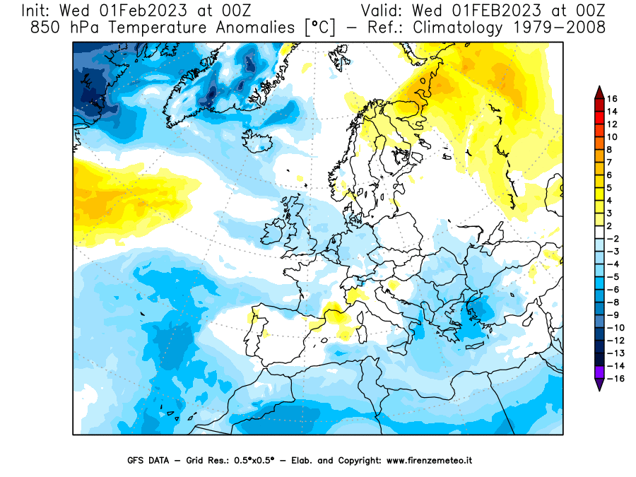 Mappa di analisi GFS - Anomalia Temperatura [°C] a 850 hPa in Europa
							del 01/02/2023 00 <!--googleoff: index-->UTC<!--googleon: index-->