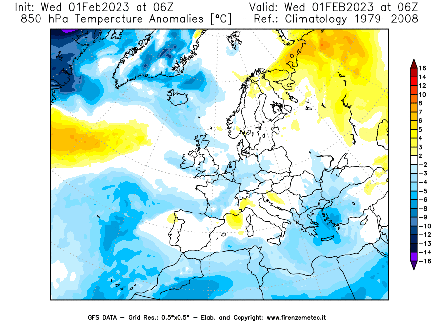 Mappa di analisi GFS - Anomalia Temperatura [°C] a 850 hPa in Europa
							del 01/02/2023 06 <!--googleoff: index-->UTC<!--googleon: index-->