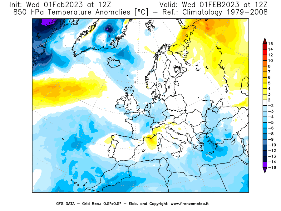 Mappa di analisi GFS - Anomalia Temperatura [°C] a 850 hPa in Europa
							del 01/02/2023 12 <!--googleoff: index-->UTC<!--googleon: index-->