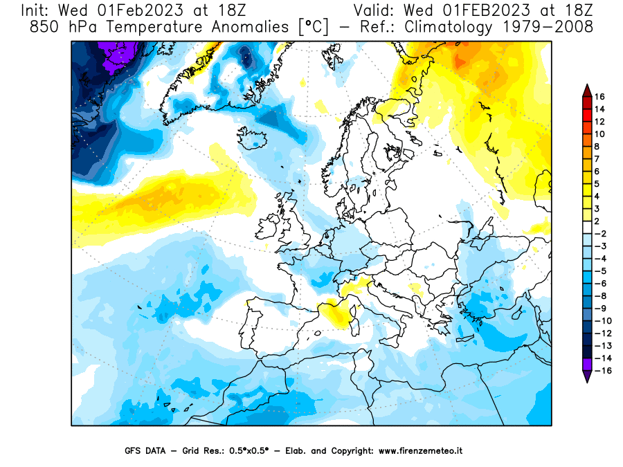 Mappa di analisi GFS - Anomalia Temperatura [°C] a 850 hPa in Europa
							del 01/02/2023 18 <!--googleoff: index-->UTC<!--googleon: index-->